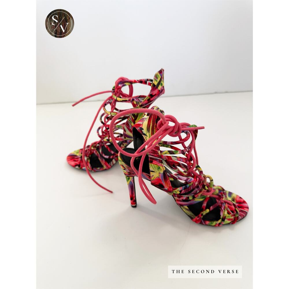 Liliana Multicolored Tropical Colorful Strappy Lace Up Ankle Strap Heels Size 9 - Picture 2 of 6